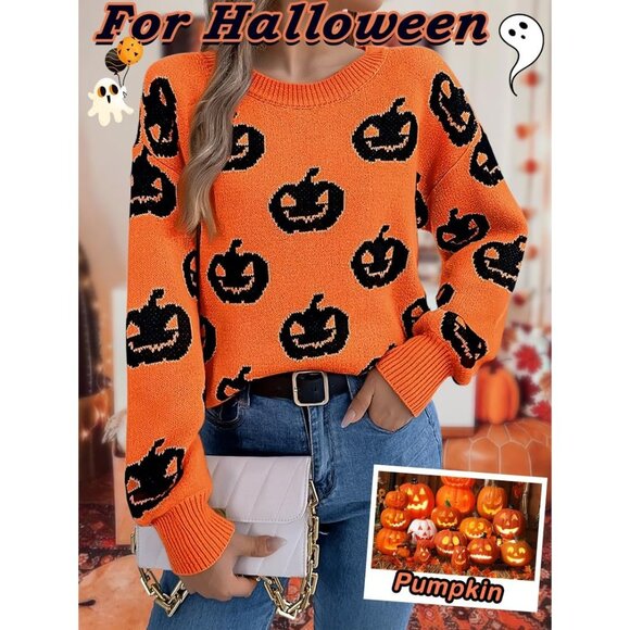 Strentiki Women Orange Pumpkin Halloween Long Sleeve Crew Neck Casual Sweaters - Picture 2 of 7